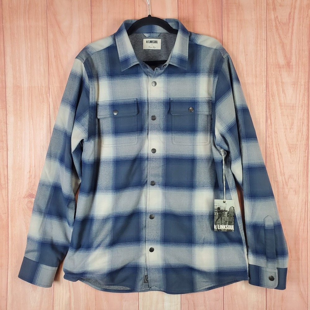 Linksoul Tempus Fugit Shacket‎ Mens Large Blue Gray Plaid Long Sleeve Snap Front